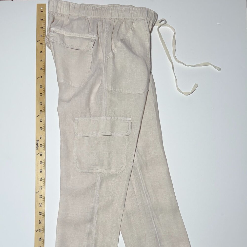 NICOLE MILLER Comfy Cargo Jogger Pull On Pants Women S Creme White 100% Linen